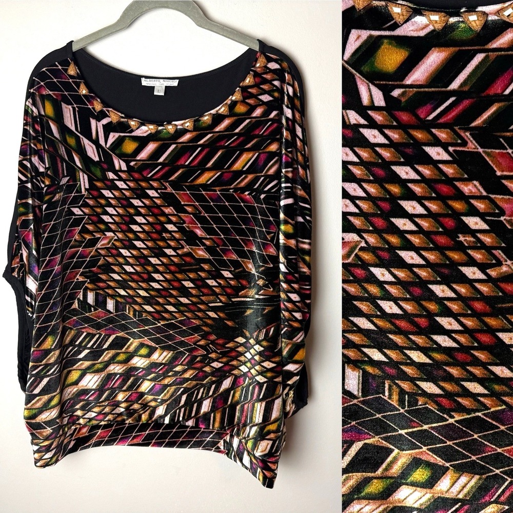Alberto Makali Blouse Womens M Multicolor Excellent Geometric Velvet Dolman Top